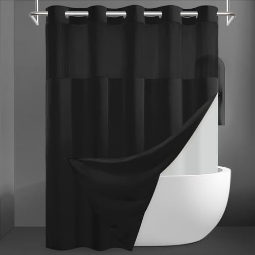No Hook Slub Textured Shower Curtain Set - Black Outer Waterproof Inner 71x86 in