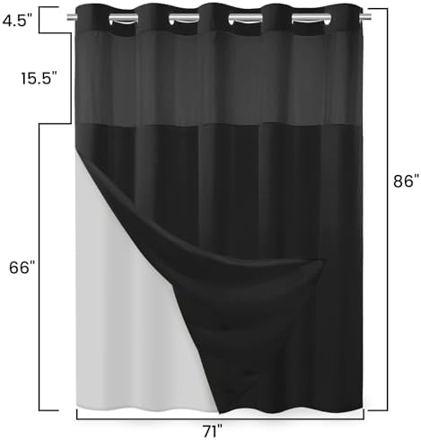 No Hook Slub Textured Shower Curtain Set - Black Outer Waterproof Inner 71x86 in