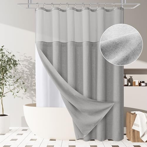 BOODII Premium Linen Shower Curtain with Mesh Top Rustic Style