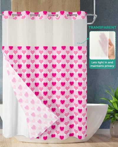 Instant no hook shower curtain set quick dry waterproof with heart design
