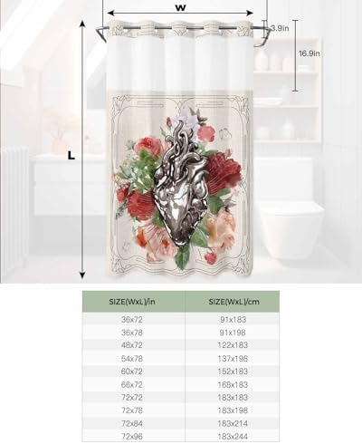 No Hook Botanical Heart Shower Curtain Set 54x78