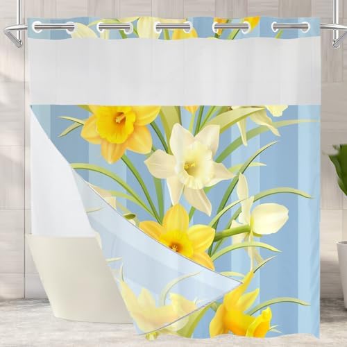 Batmerry Yellow Flower no hooks shower curtain set