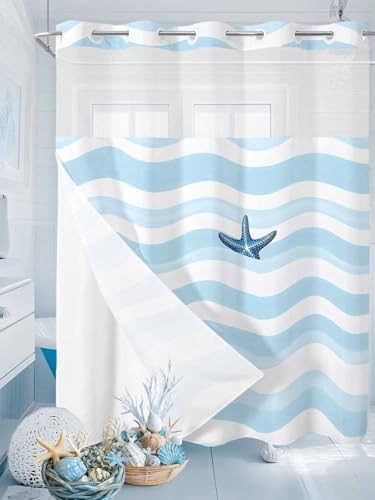 No Hooks Nautical Blue Shower Curtain Set