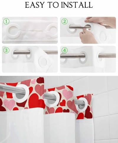 Luxury No Hook Shower Curtains - Red Pink Love Heart