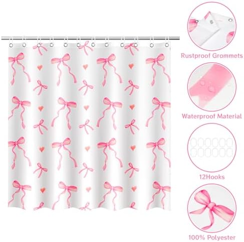 4Pcs Pink Bow Shower Curtain Set with 12 Hooks