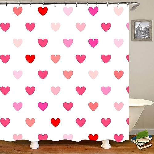 Grommet Shower Curtain Set 70 x 78 White Red Heart Pattern