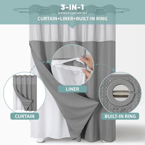 Grey Waffle Weave Shower Curtain Set with Snap-In Liner