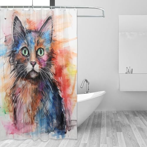 Cute Cat Shower Curtain Set with 12 Hooks 72x72in 1