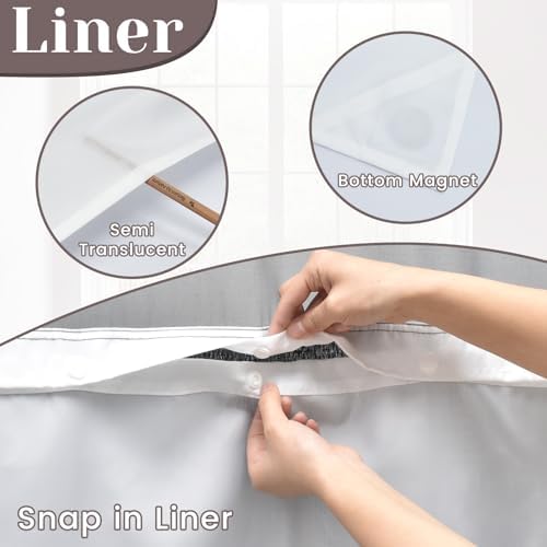 No Hook Slub Textured Shower Curtain Set - Black Outer Waterproof Inner 71x86 in