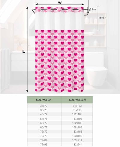 No-Hook Shower Curtain Set with Liner Valentine Pink Heart Design waterproof elegant