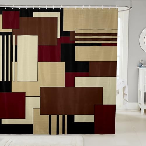 Stylish Geometric Brown Red Black Shower Curtain Set