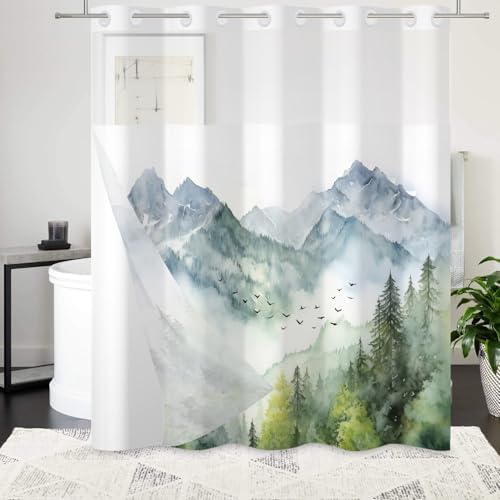 AWERT Misty Forest No Hook Shower Curtain with Liner