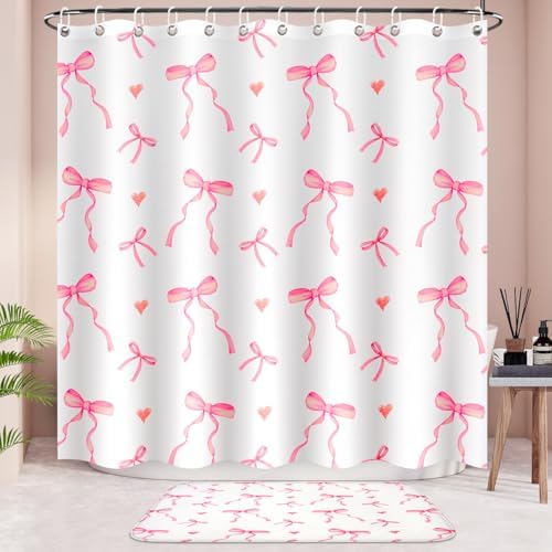 4Pcs Pink Bow Shower Curtain Set with 12 Hooks