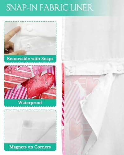 No-Hook Pink Red Valentines Shower Curtain Set