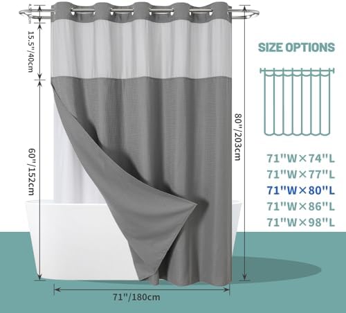 Grey Waffle Weave Shower Curtain Set with Snap-In Liner