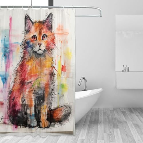 Cute Cat Shower Curtain Set with 12 Hooks 72x72in