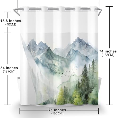 AWERT Misty Forest No Hook Shower Curtain with Liner