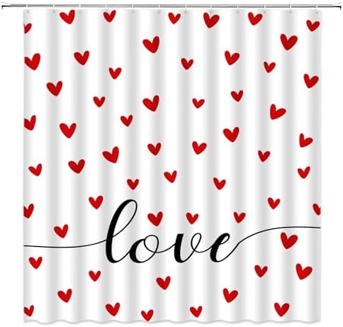 Red Heart Valentines Day Shower Curtain Set with Hooks 70 x 70