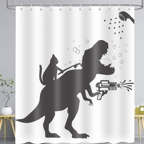 Funny Cat Dinosaur Shower curtain waterproof kids entertainment machine washable