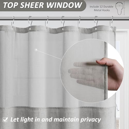 BOODII Premium Linen Shower Curtain with Mesh Top Rustic Style