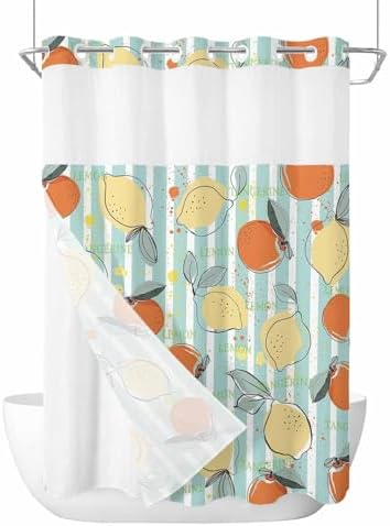 No Hook Summer Lemon Teal Orange Shower Curtain Set Waterproof Swap-in Design