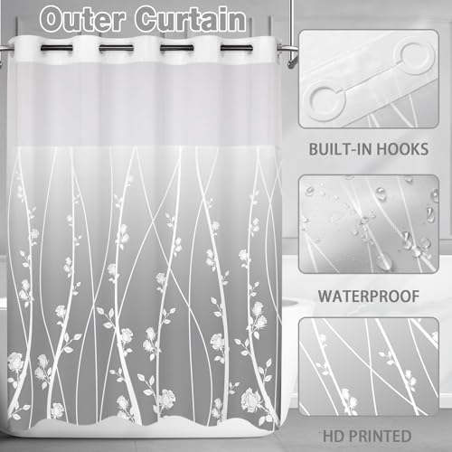No Hook shower curtain set ombre floral grey fabric 71x74 inches