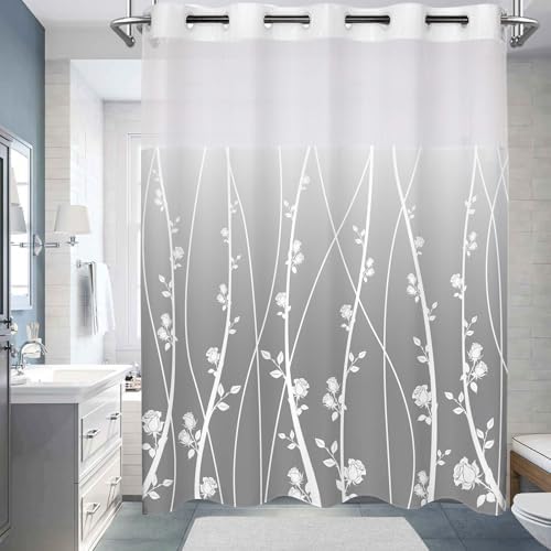 No Hook shower curtain set ombre floral grey fabric 71x74 inches
