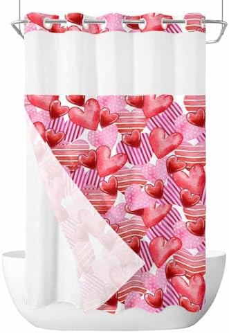 No-Hook Pink Red Valentines Shower Curtain Set