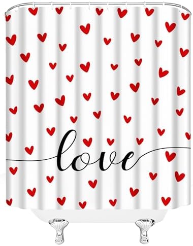 Red Heart Valentines Day Shower Curtain Set with Hooks 70 x 70