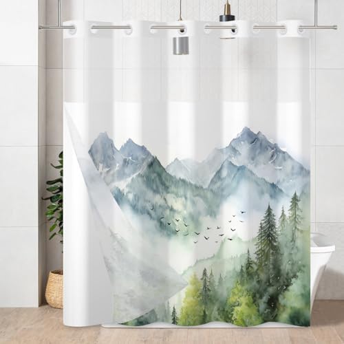 AWERT Misty Forest No Hook Shower Curtain with Liner