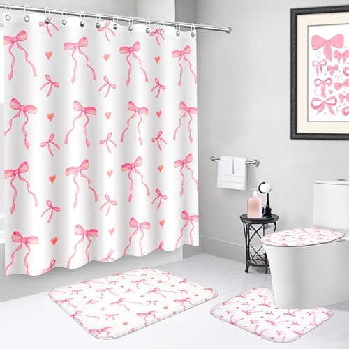 4Pcs Pink Bow Shower Curtain Set with 12 Hooks