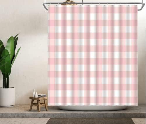 ZKJSMGS Geometric Plaid Pink White Bathroom Curtain with Ryanair Handles