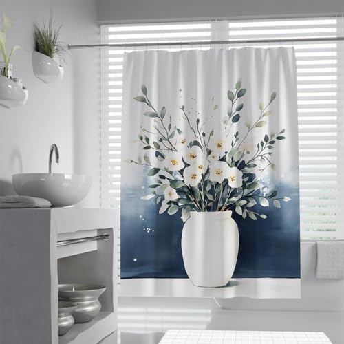 Modern White Porcelain Vase with Eucalyptus Leaves Shower Curtain