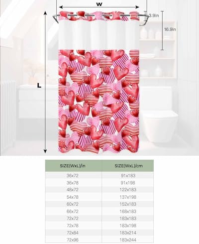 No-Hook Pink Red Valentines Shower Curtain Set
