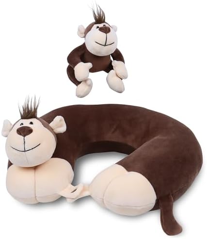 Kids Neck Pillow with Monkey Stuffed Animal for Travel