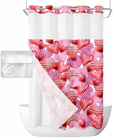 No-Hook Pink Red Valentines Shower Curtain Set