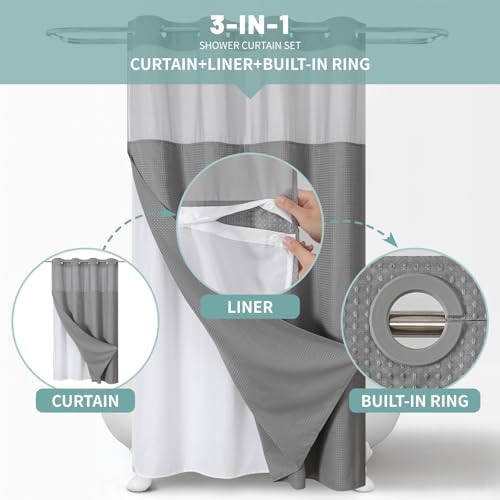 Modern Hotel Shower Curtain No Hooks Waffle Weave 54W x 80H