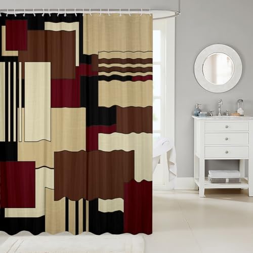 Stylish Geometric Brown Red Black Shower Curtain Set