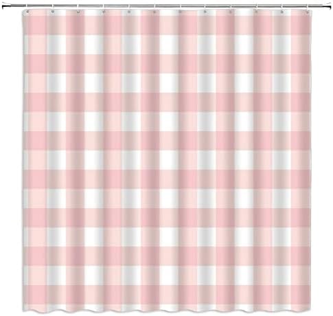 ZKJSMGS Geometric Plaid Pink White Bathroom Curtain with Ryanair Handles