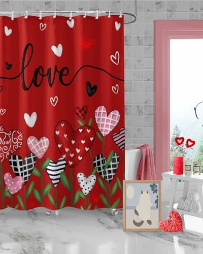 72x72 Red Flower Shower Curtain Set with 12 Hooks