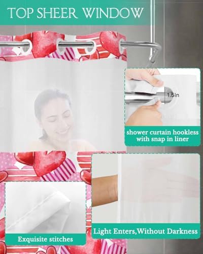 No-Hook Pink Red Valentines Shower Curtain Set