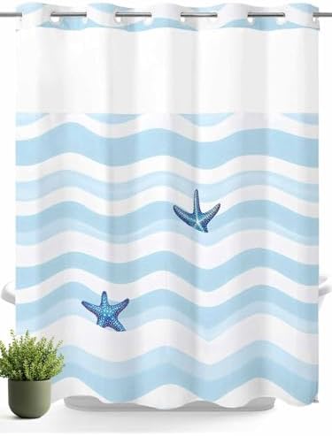 No Hooks Nautical Blue Shower Curtain Set