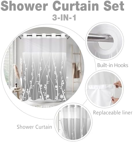 No Hook shower curtain set ombre floral grey fabric 71x74 inches
