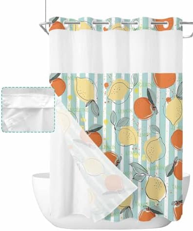 No Hook Summer Lemon Teal Orange Shower Curtain Set Waterproof Swap-in Design
