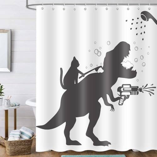 Funny Cat Dinosaur Shower curtain waterproof kids entertainment machine washable