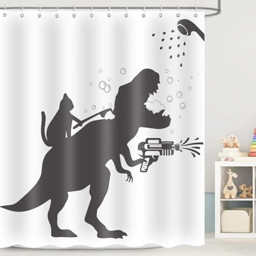 Funny Cat Dinosaur Shower curtain waterproof kids entertainment machine washable