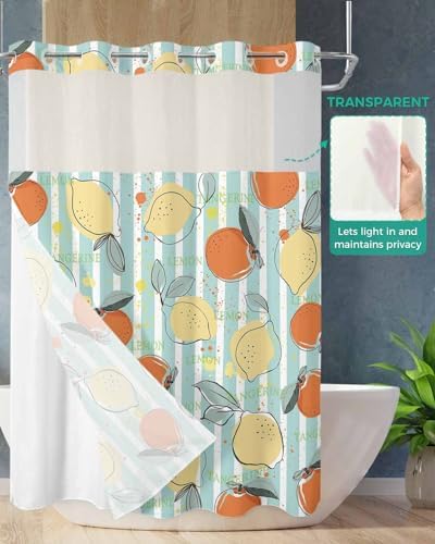 No Hook Summer Lemon Teal Orange Shower Curtain Set Waterproof Swap-in Design