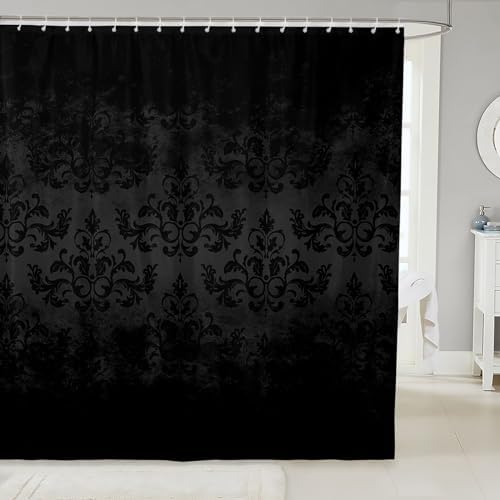 Feelyou Jacquard Bath Curtain Black Damask for Kids Boys Girls Teens Set