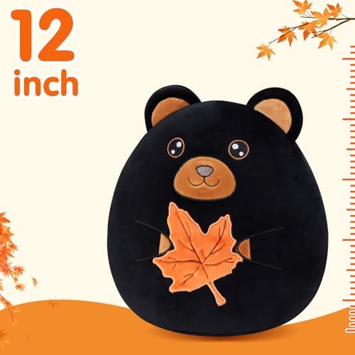Wewill 12-Inch Black Bear Plush Pillow Cute Bear Holding Maple Leaf
