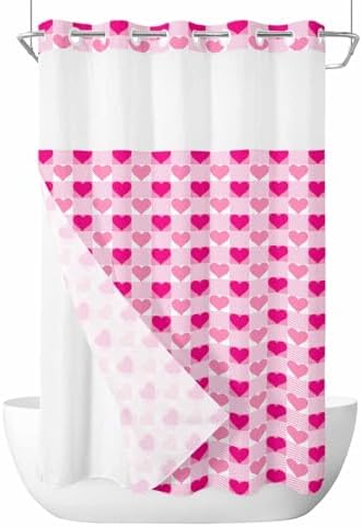 No-Hook Shower Curtain Set with Liner Valentine Pink Heart Design waterproof elegant